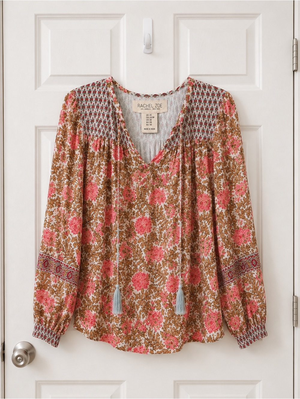Rachel Zoe Women’s XS Floral Boho Peasant Blouse Tassel Tie Long Sleeve